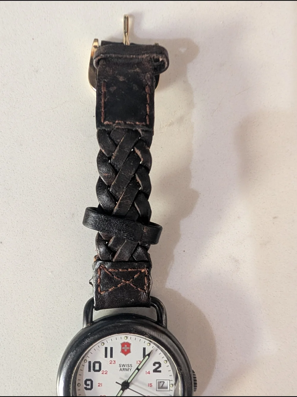 Swiss-Style Men's Braided Black Leather Watch with White Dial